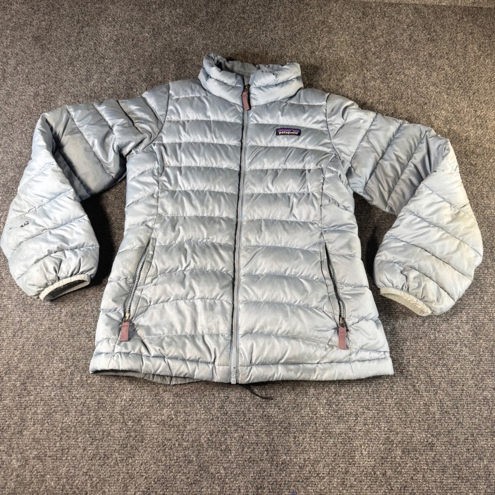 Patagonia Kids L 12 Down Sweater Jacket Light Blue Full Zip Puffer Ripstop